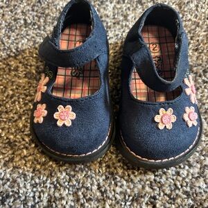 Charming Navy Kids Dress Shoes with Pink Floral Accents